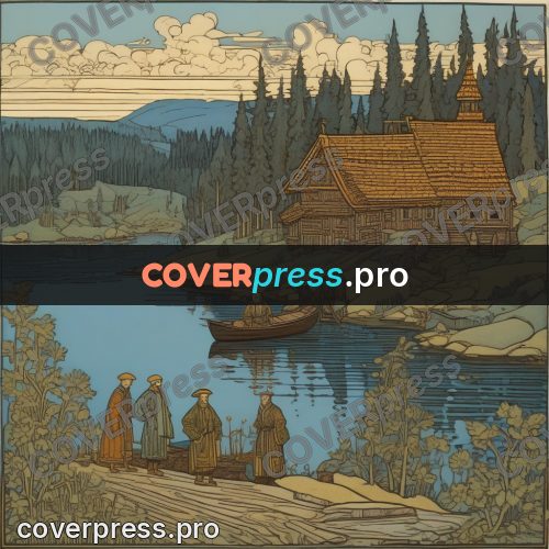 Bilibin style drawing: boats on a forest lake