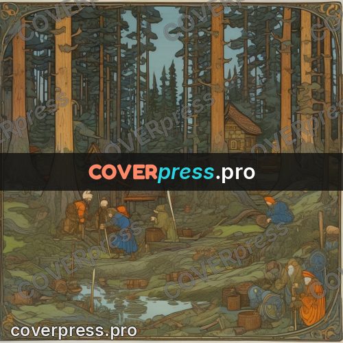 Bilibin style drawing: woodcutters among tall pines