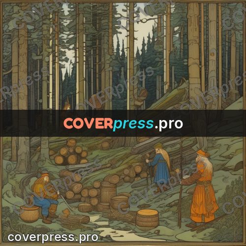 Bilibin style drawing: woodcutters among tall pines