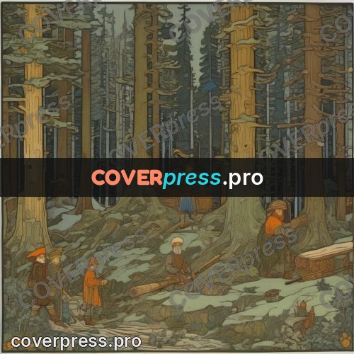Bilibin style drawing: woodcutters among tall pines