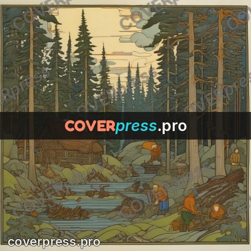 Bilibin style drawing: woodcutters among tall pines
