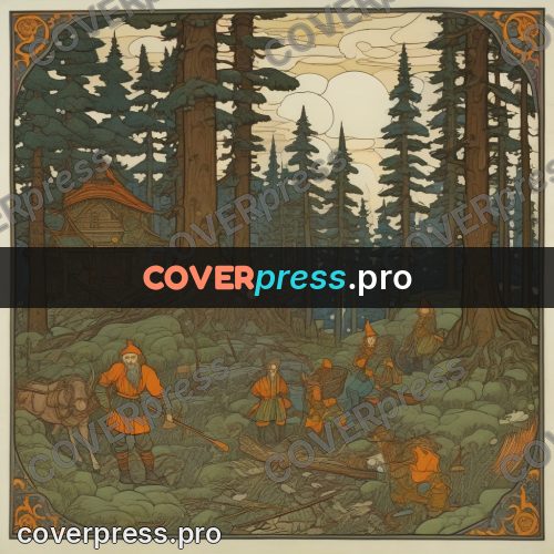 Bilibin style drawing: woodcutters among tall pines