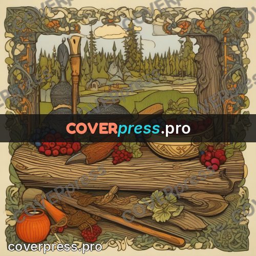 Bilibin style drawing: bowl of berries in a forest