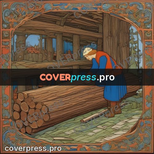 Bilibin style drawing: carpenter with a log
