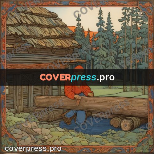 Bilibin style drawing: carpenter with a log