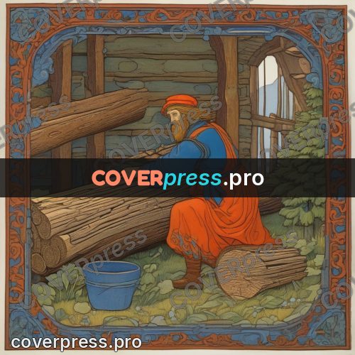 Bilibin style drawing: carpenter with a log