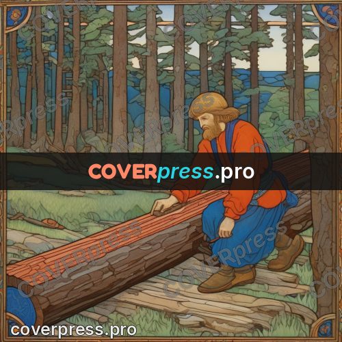 Bilibin style drawing: carpenter with a log