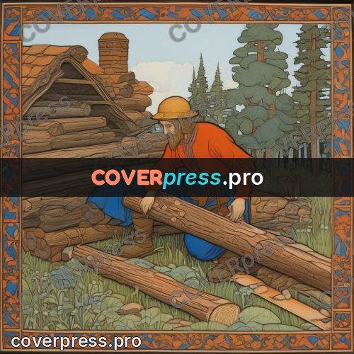 Bilibin style drawing: carpenter with a log