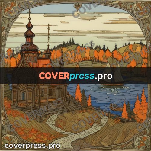 Bilibin style drawing: wooden church by the water