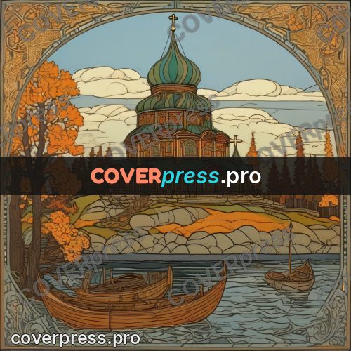 Bilibin style drawing: wooden church by the water