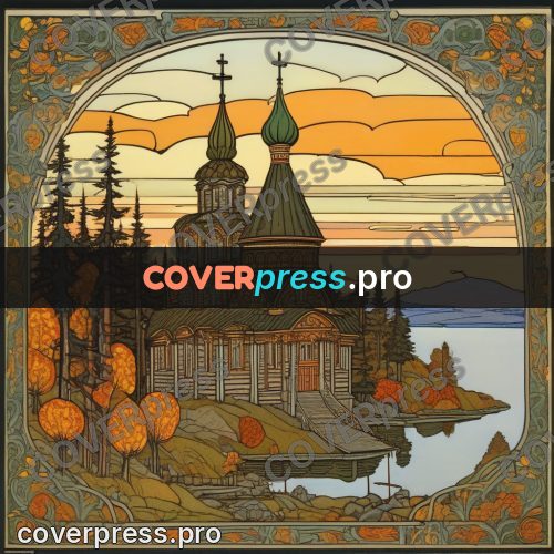 Bilibin style drawing: wooden church by the water