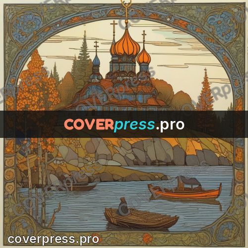 Bilibin style drawing: wooden church by the water