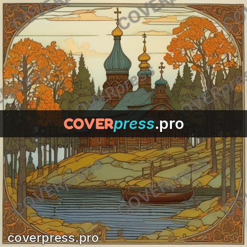 Bilibin style drawing: wooden church by the water
