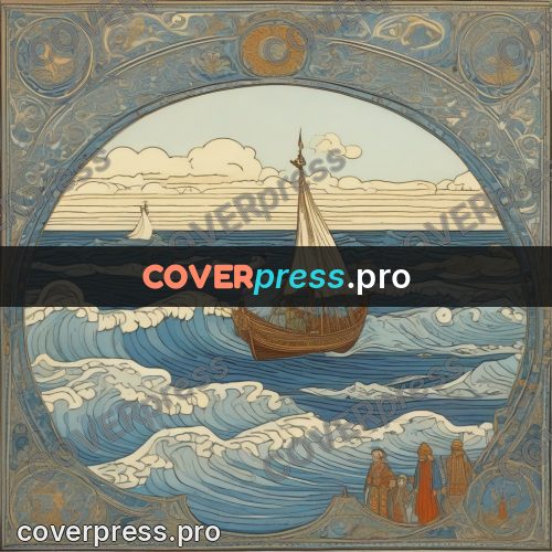 Bilibin style drawing: longboat under sail at sea