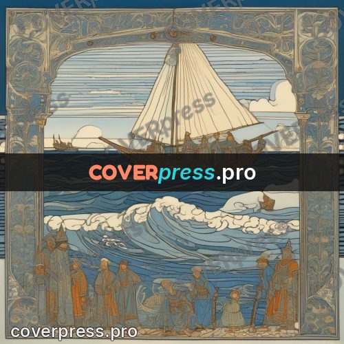 Bilibin style drawing: longboat under sail at sea