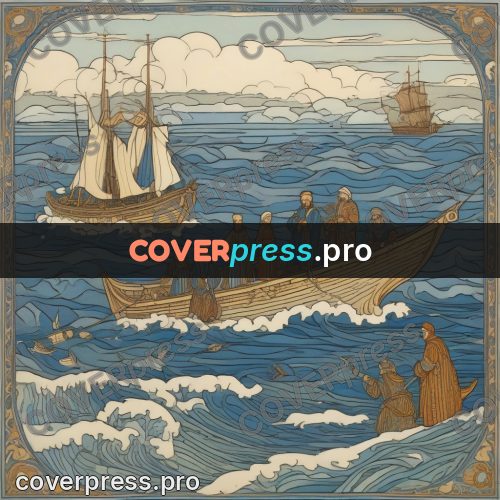 Bilibin style drawing: longboat under sail at sea
