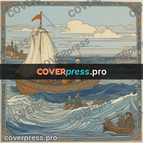 Bilibin style drawing: longboat under sail at sea