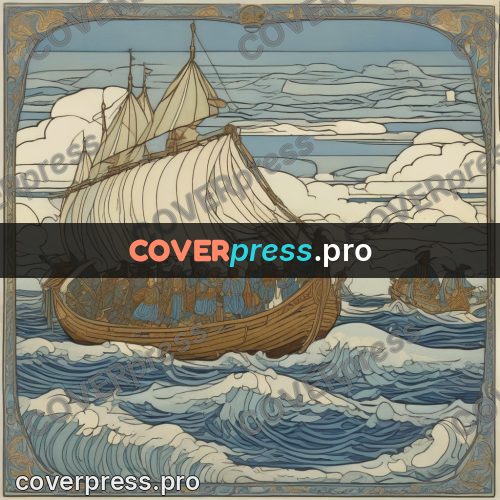 Bilibin style drawing: longboat under sail at sea