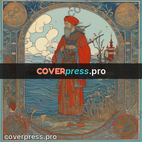 Bilibin style drawing: old man in red robes