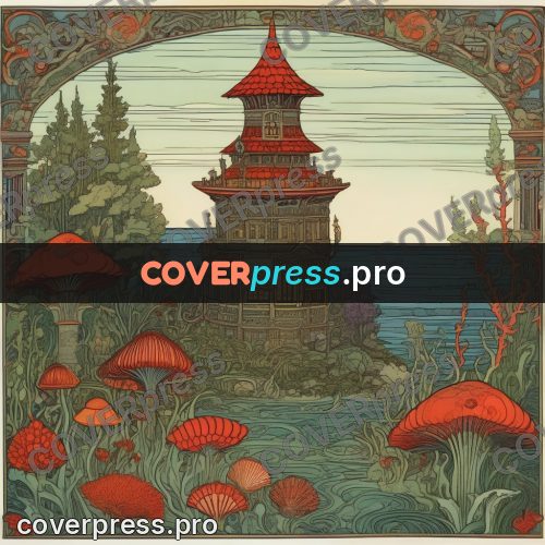 Bilibin style drawing: tower house among seaweed