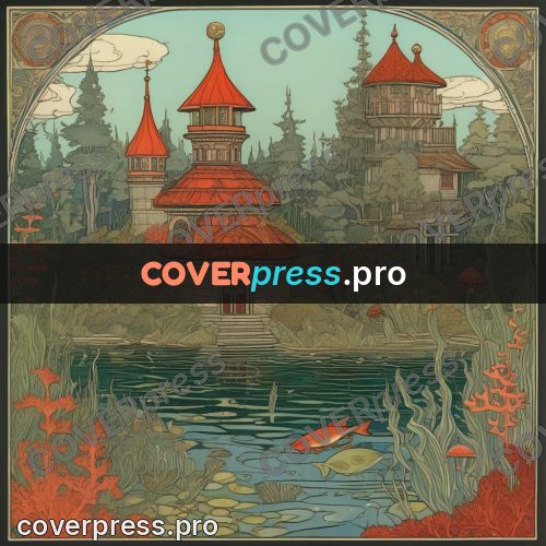 Bilibin style drawing: tower house among seaweed