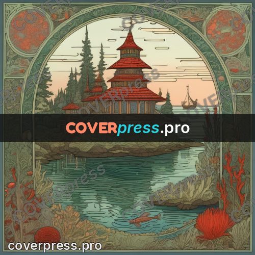 Bilibin style drawing: tower house among seaweed