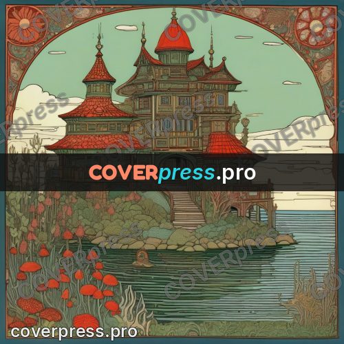 Bilibin style drawing: tower house among seaweed