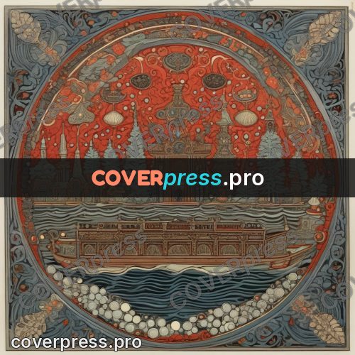 Bilibin style drawing: shell in a patterned frame