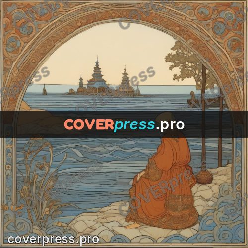 Bilibin style drawing: woman in red by the sea