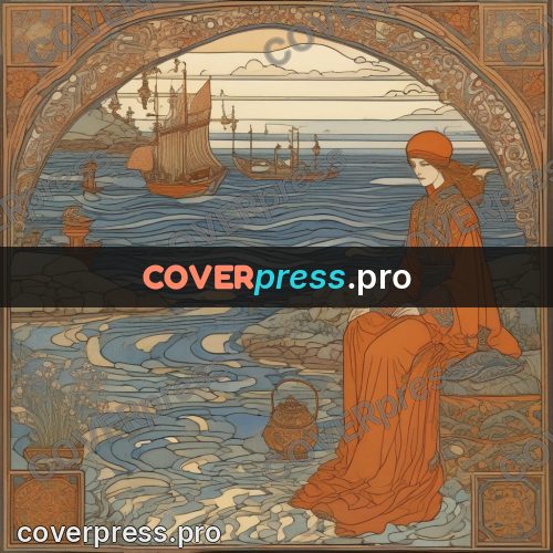 Bilibin style drawing: woman in red by the sea