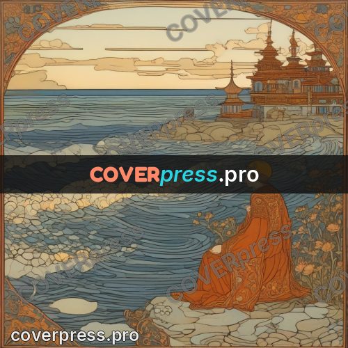 Bilibin style drawing: woman in red by the sea