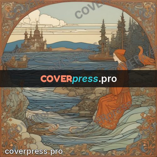 Bilibin style drawing: woman in red by the sea