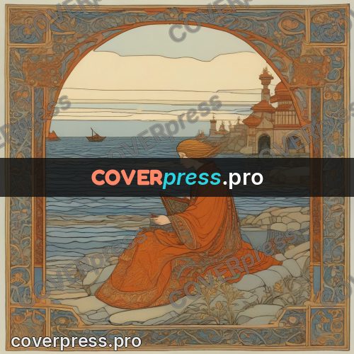 Bilibin style drawing: woman in red by the sea