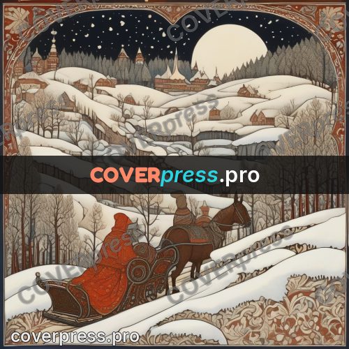 Bilibin style drawing: sleigh on snowy hills