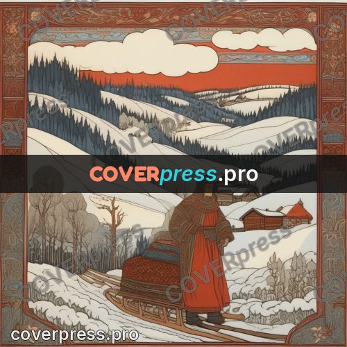 Bilibin style drawing: sleigh on snowy hills