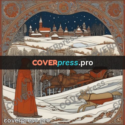 Bilibin style drawing: sleigh on snowy hills