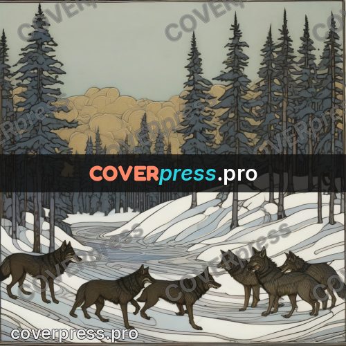 Bilibin style drawing: wolves in a winter forest
