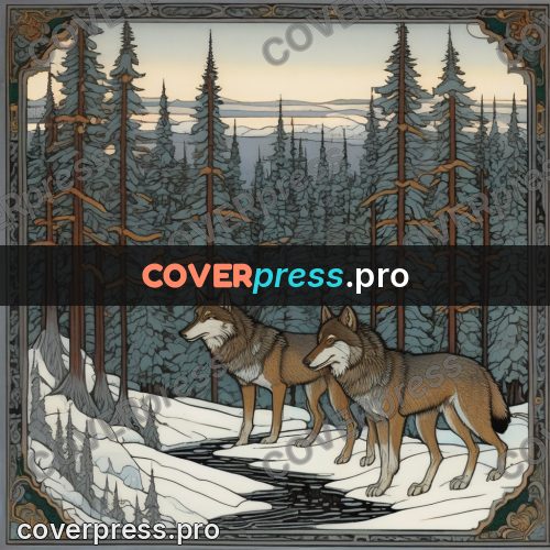 Bilibin style drawing: wolves in a winter forest