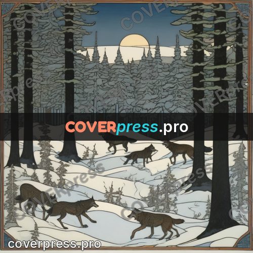 Bilibin style drawing: wolves in a winter forest