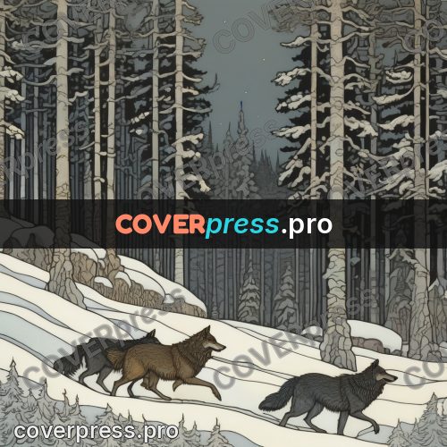 Bilibin style drawing: wolves in a winter forest