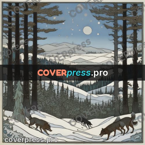 Bilibin style drawing: wolves in a winter forest