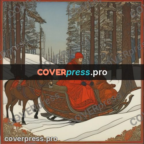 Bilibin style drawing: people in a forest sleigh