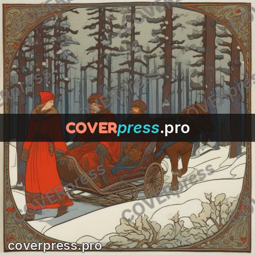 Bilibin style drawing: people in a forest sleigh