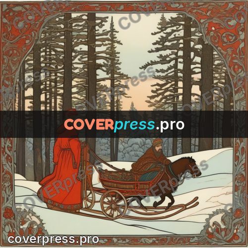Bilibin style drawing: people in a forest sleigh