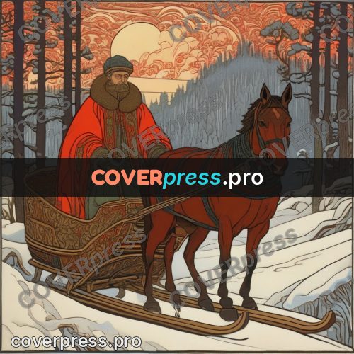 Bilibin style drawing: people in a forest sleigh