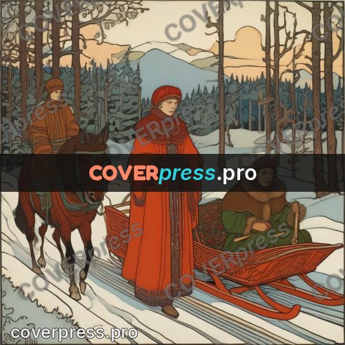 Bilibin style drawing: people in a forest sleigh