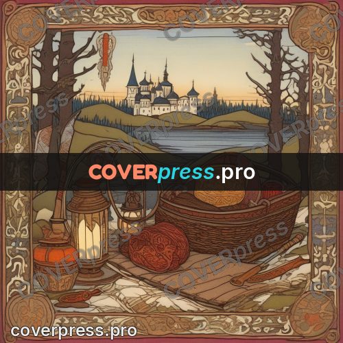 Bilibin style drawing: boat and lantern on the shore
