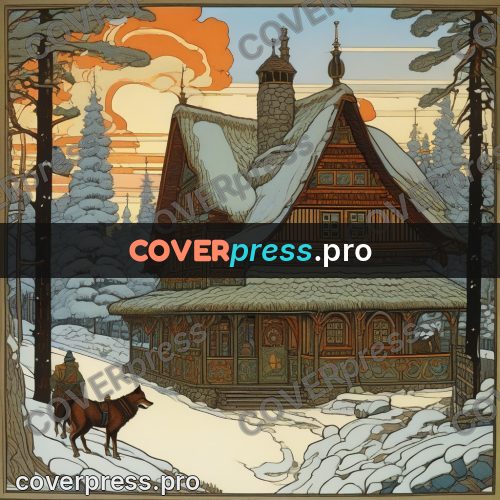 Bilibin style drawing: house in a winter forest