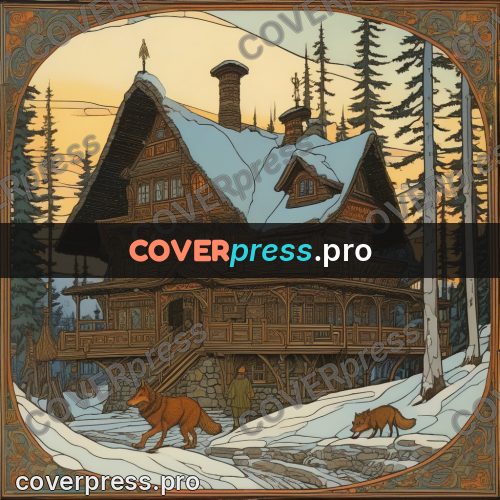 Bilibin style drawing: house in a winter forest