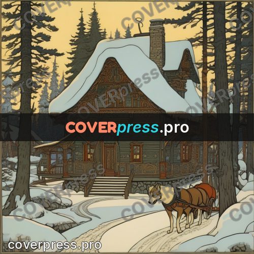 Bilibin style drawing: house in a winter forest